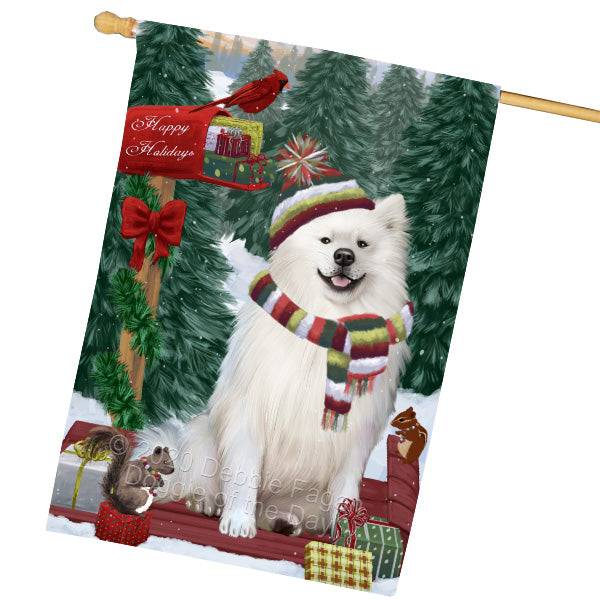 Christmas Woodland Sled American Eskimo Dog House Flag Outdoor Decorative Double Sided Pet Portrait Weather Resistant Premium Quality Animal Printed Home Decorative Flags 100% Polyester FLG69516