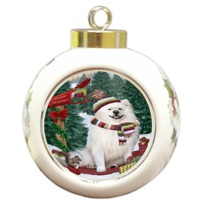 Christmas Woodland Sled American Eskimo Dog Round Ball Christmas Ornament Pet Decorative Hanging Ornaments for Christmas X-mas Tree Decorations - 3" Round Ceramic Ornament, RBPOR59590