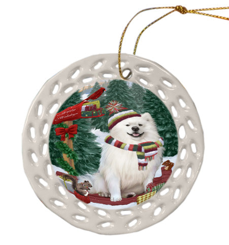 Christmas Woodland Sled American Eskimo Dog Doily Ornament DPOR59014