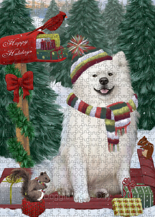 Christmas Woodland Sled American Eskimo Dog Portrait Jigsaw Puzzle for Adults Animal Interlocking Puzzle Game Unique Gift for Dog Lover's with Metal Tin Box PZL839