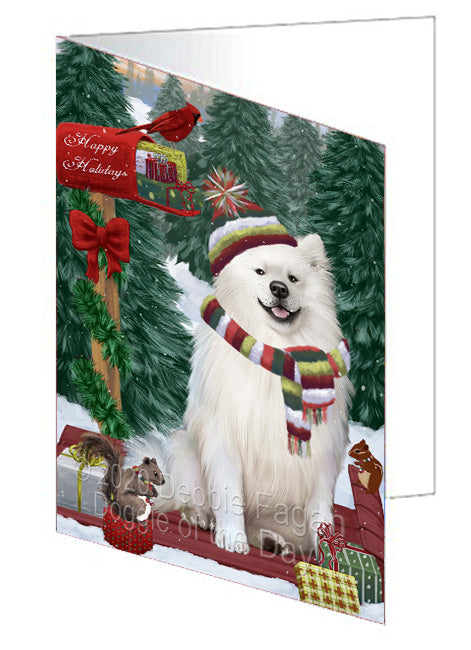 Christmas Woodland Sled American Eskimo Dog Handmade Artwork Assorted Pets Greeting Cards and Note Cards with Envelopes for All Occasions and Holiday Seasons