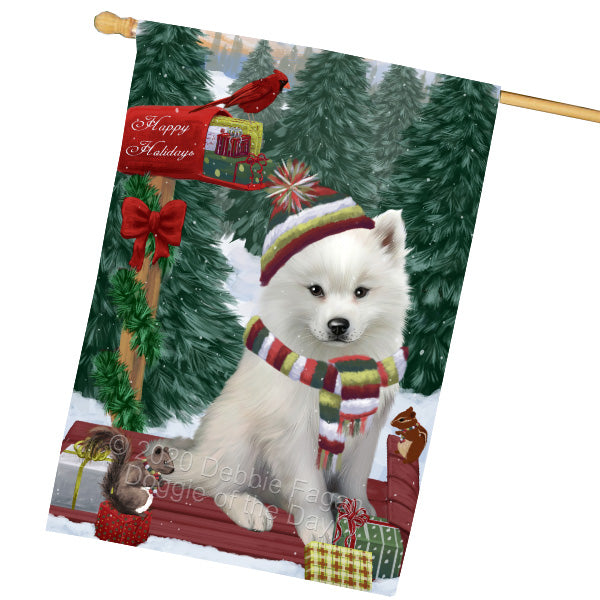Christmas Woodland Sled American Eskimo Dog House Flag Outdoor Decorative Double Sided Pet Portrait Weather Resistant Premium Quality Animal Printed Home Decorative Flags 100% Polyester FLG69517
