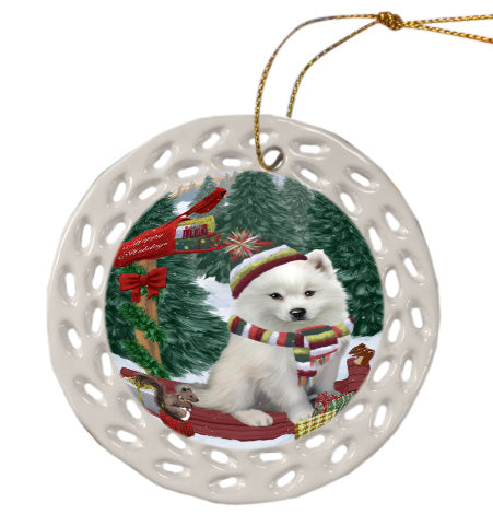 Christmas Woodland Sled American Eskimo Dog Doily Ornament DPOR59015