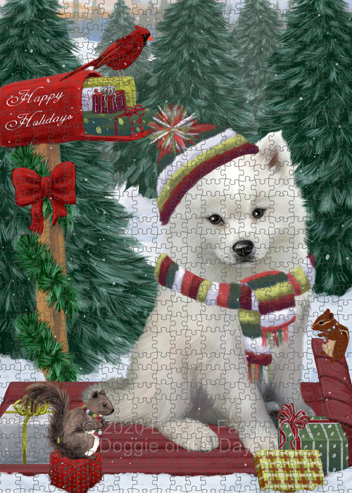 Christmas Woodland Sled American Eskimo Dog Portrait Jigsaw Puzzle for Adults Animal Interlocking Puzzle Game Unique Gift for Dog Lover's with Metal Tin Box PZL840