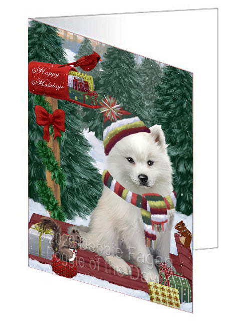 Christmas Woodland Sled American Eskimo Dog Handmade Artwork Assorted Pets Greeting Cards and Note Cards with Envelopes for All Occasions and Holiday Seasons