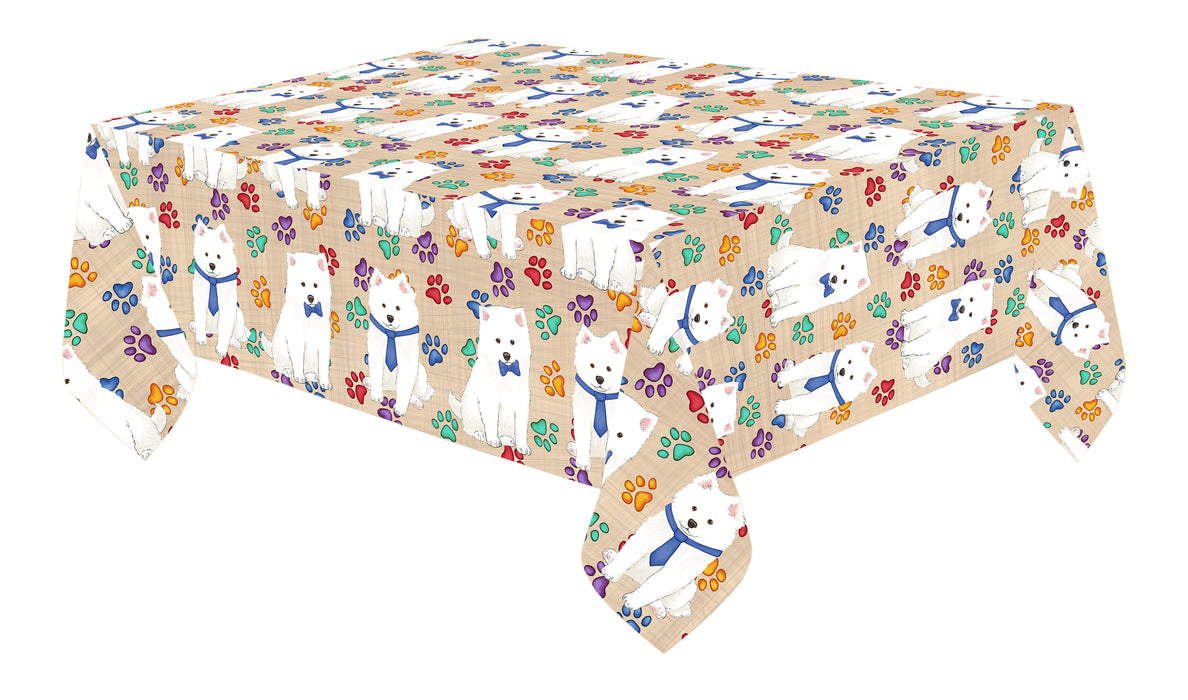 Rainbow Paw Print American Eskimo Dogs Blue Cotton Linen Tablecloth