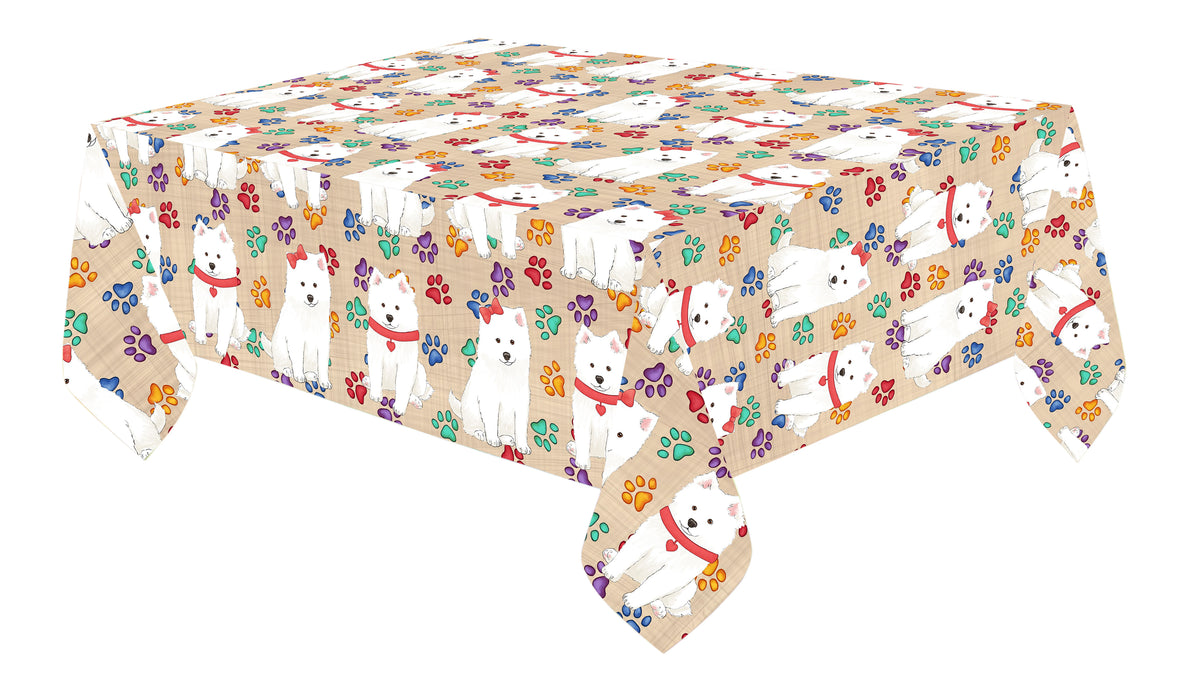 Rainbow Paw Print American Eskimo Dogs Red Cotton Linen Tablecloth