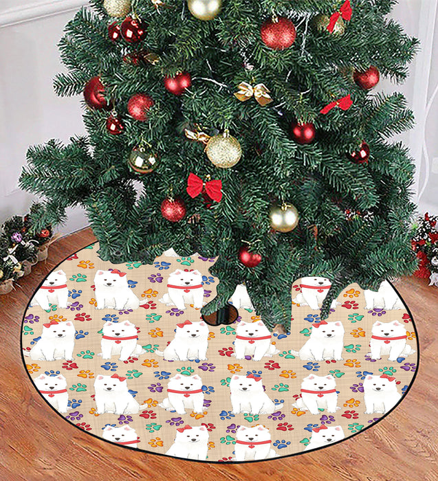 Rainbow Paw Print American Eskimo Dogs Red Christmas Tree Skirt