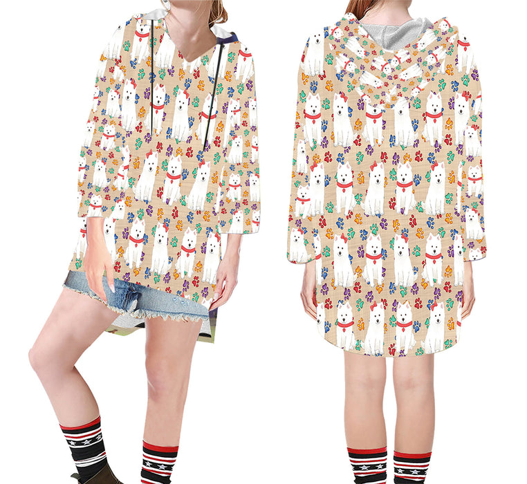 Rainbow Paw Print American Eskimo Dogs Red Step Hem Women's Hoodie