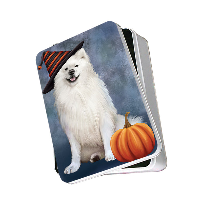Happy Halloween American Eskimo Dog Wearing Witch Hat with Pumpkin Photo Storage Tin PITN54858