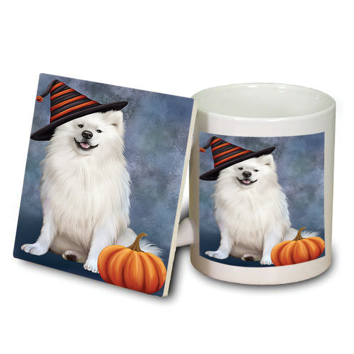 Happy Halloween American Eskimo Dog Wearing Witch Hat with Pumpkin Mug and Coaster Set MUC54907