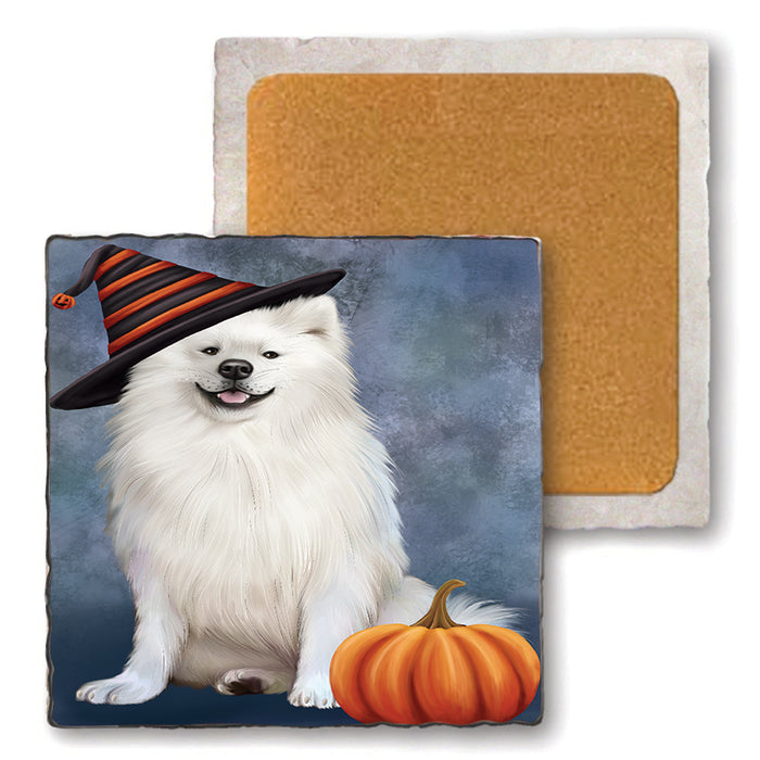 Happy Halloween American Eskimo Dog Wearing Witch Hat with Pumpkin Set of 4 Natural Stone Marble Tile Coasters MCST49915