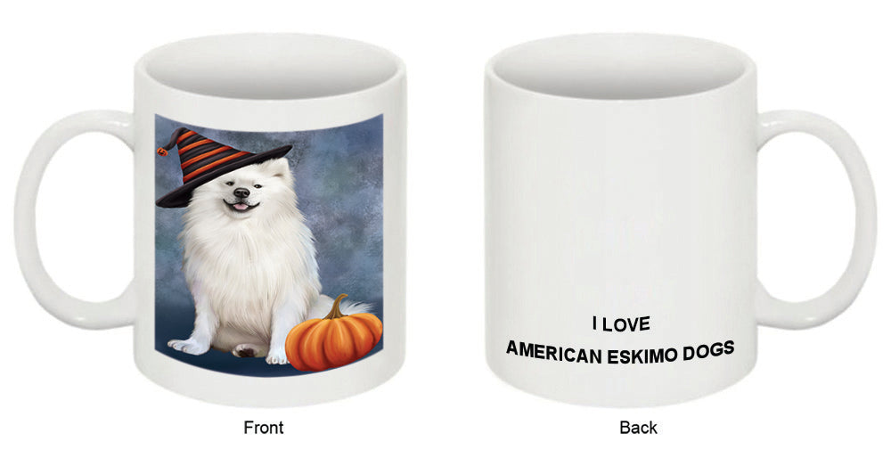 Happy Halloween American Eskimo Dog Wearing Witch Hat with Pumpkin Coffee Mug MUG50313