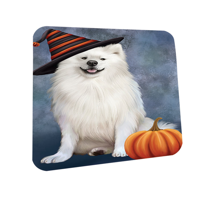 Happy Halloween American Eskimo Dog Wearing Witch Hat with Pumpkin Coasters Set of 4 CST54873