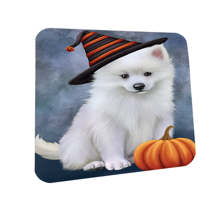 Happy Halloween American Eskimo Dog Wearing Witch Hat with Pumpkin Coasters Set of 4 CST54874