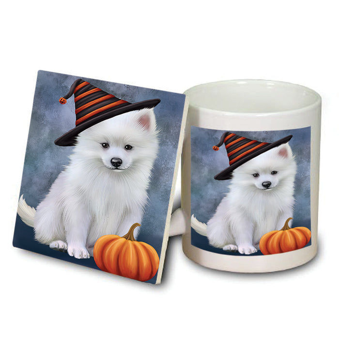 Happy Halloween American Eskimo Dog Wearing Witch Hat with Pumpkin Mug and Coaster Set MUC54908