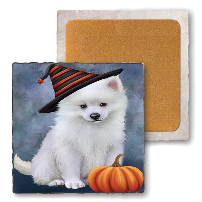 Happy Halloween American Eskimo Dog Wearing Witch Hat with Pumpkin Set of 4 Natural Stone Marble Tile Coasters MCST49916
