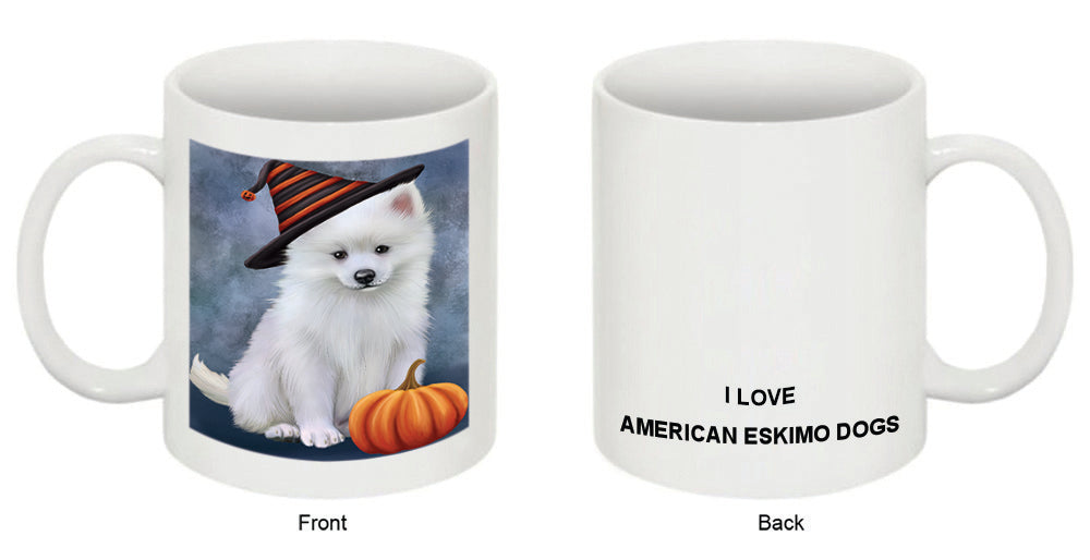 Happy Halloween American Eskimo Dog Wearing Witch Hat with Pumpkin Coffee Mug MUG50314