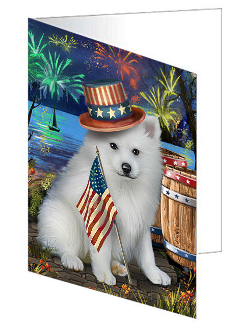 4th of July Independence Day Fireworks American Eskimo Dog at the Lake Handmade Artwork Assorted Pets Greeting Cards and Note Cards with Envelopes for All Occasions and Holiday Seasons GCD56750