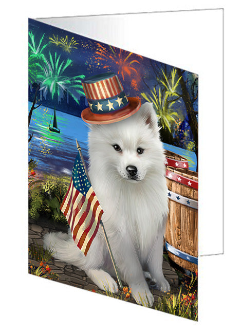 4th of July Independence Day Fireworks American Eskimo Dog at the Lake Handmade Artwork Assorted Pets Greeting Cards and Note Cards with Envelopes for All Occasions and Holiday Seasons GCD56753