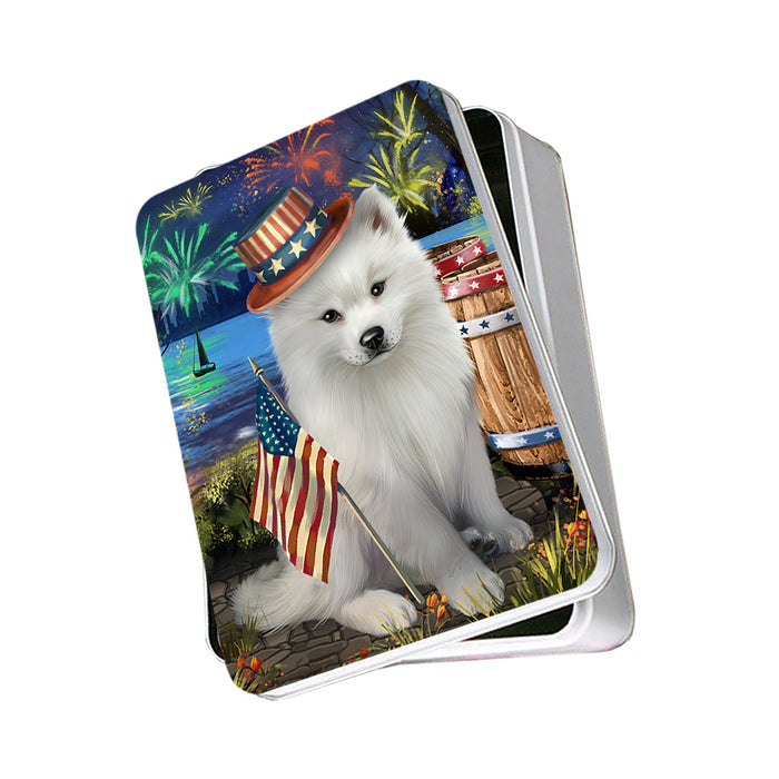 4th of July Independence Day Fireworks American Eskimo Dog at the Lake Photo Storage Tin PITN50908
