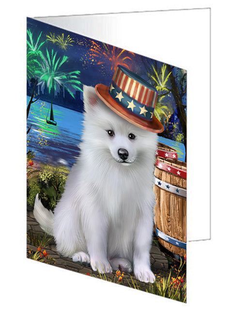 4th of July Independence Day Fireworks American Eskimo Dog at the Lake Handmade Artwork Assorted Pets Greeting Cards and Note Cards with Envelopes for All Occasions and Holiday Seasons GCD56756
