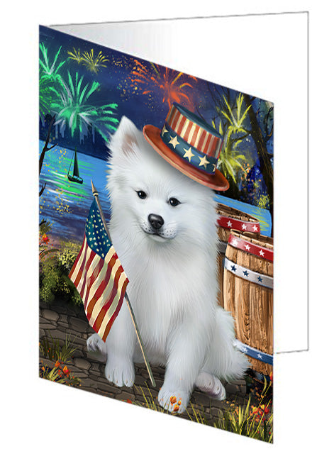 4th of July Independence Day Fireworks American Eskimo Dog at the Lake Handmade Artwork Assorted Pets Greeting Cards and Note Cards with Envelopes for All Occasions and Holiday Seasons GCD56759