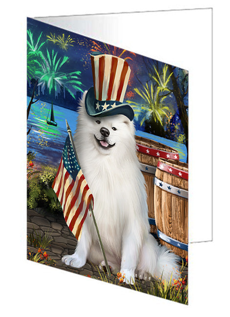 4th of July Independence Day Fireworks American Eskimo Dog at the Lake Handmade Artwork Assorted Pets Greeting Cards and Note Cards with Envelopes for All Occasions and Holiday Seasons GCD56762