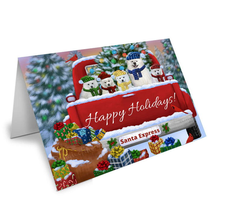 Christmas Red Truck Travlin Home for the Holidays American Eskimo Dogs Handmade Artwork Assorted Pets Greeting Cards and Note Cards with Envelopes for All Occasions and Holiday Seasons
