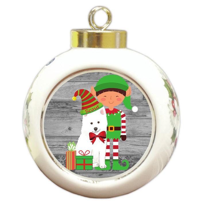 Custom Personalized American Eskimo Dog Elfie and Presents Christmas Round Ball Ornament