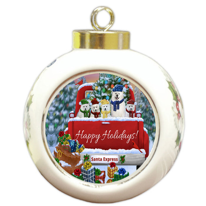 Christmas Red Truck Travlin Home for the Holidays American Eskimo Dogs Round Ball Christmas Ornament Pet Decorative Hanging Ornaments for Christmas X-mas Tree Decorations - 3" Round Ceramic Ornament
