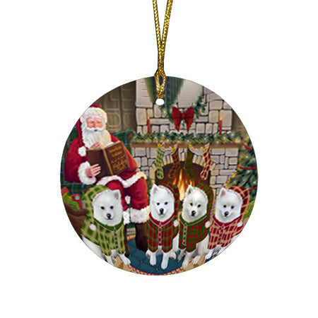 Christmas Cozy Holiday Tails American Eskimos Dog Round Flat Christmas Ornament RFPOR55444
