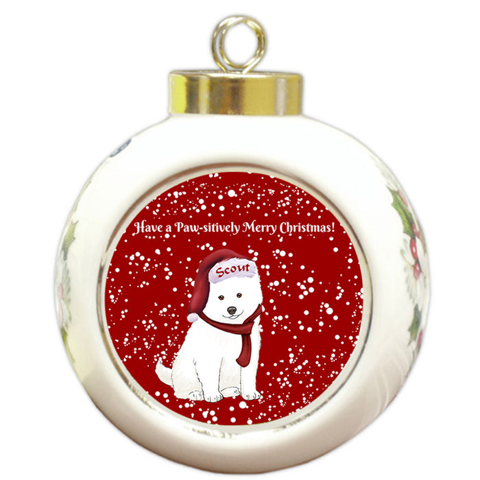 Custom Personalized Pawsitively American Eskimo Dog Merry Christmas Round Ball Ornament