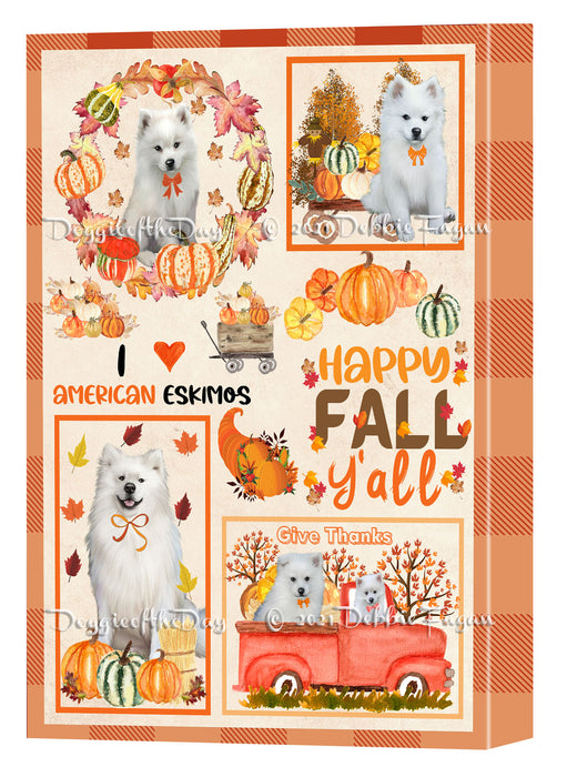 Happy Fall Y'all Pumpkin American Eskimo Dogs Canvas Wall Art - Premium Quality Ready to Hang Room Decor Wall Art Canvas - Unique Animal Printed Digital Painting for Decoration