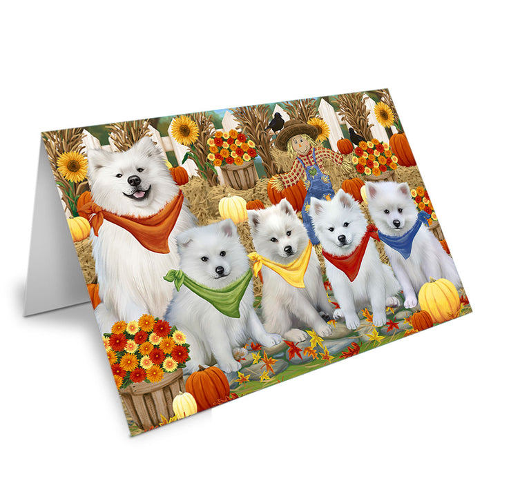 Fall Festive Gathering American Eskimos Dog with Pumpkins Handmade Artwork Assorted Pets Greeting Cards and Note Cards with Envelopes for All Occasions and Holiday Seasons GCD55877
