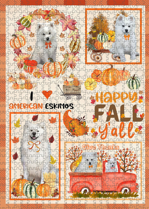 Happy Fall Y'all Pumpkin American Eskimo Dogs Portrait Jigsaw Puzzle for Adults Animal Interlocking Puzzle Game Unique Gift for Dog Lover's with Metal Tin Box