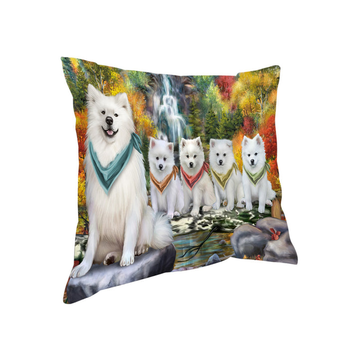 Scenic Waterfall American Eskimos Dog Pillow PIL54536