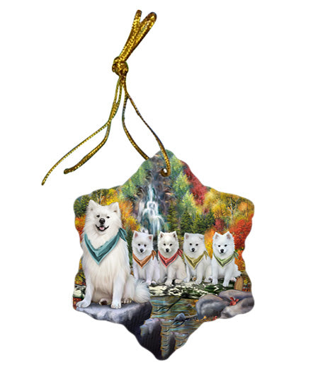 Scenic Waterfall American Eskimos Dog Star Porcelain Ornament SPOR49662