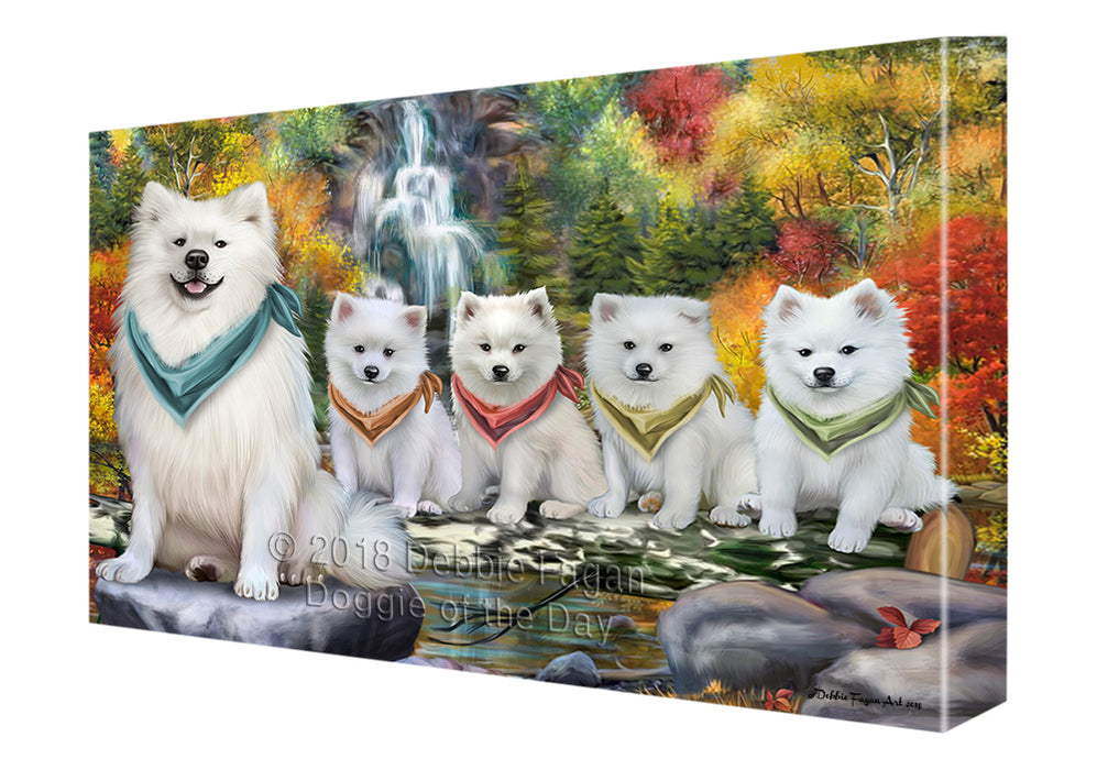 Scenic Waterfall American Eskimos Dog Canvas Wall Art CVS62773
