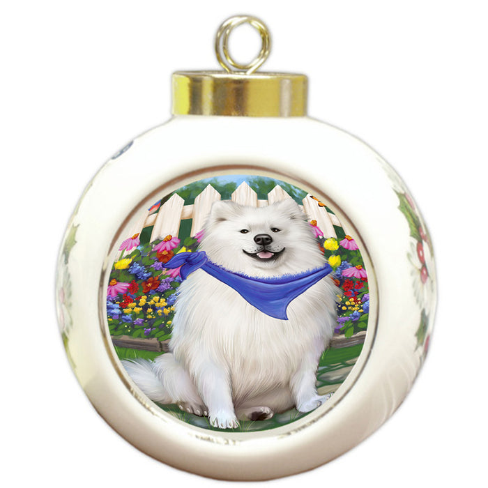 Spring Floral American Eskimo Dog Round Ball Christmas Ornament RBPOR49758