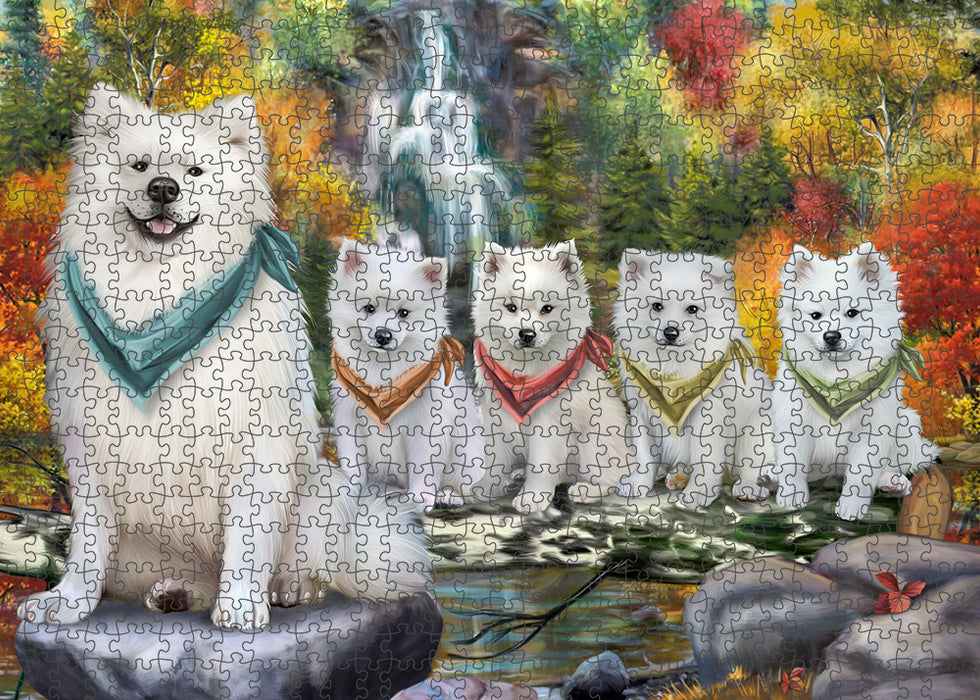 Scenic Waterfall American Eskimos Dog Puzzle with Photo Tin PUZL52716