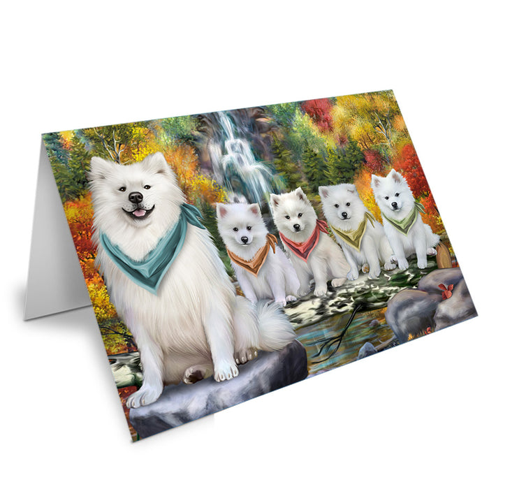 Scenic Waterfall American Eskimos Dog Handmade Artwork Assorted Pets Greeting Cards and Note Cards with Envelopes for All Occasions and Holiday Seasons GCD53039