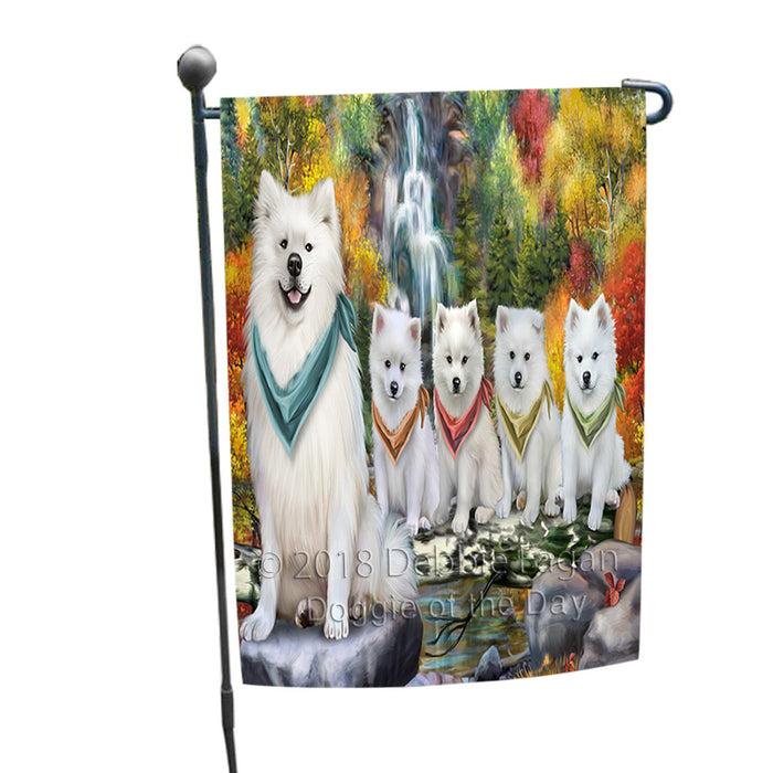 Scenic Waterfall American Eskimos Dog Garden Flag GFLG49499