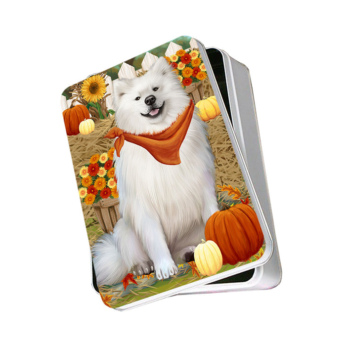 Fall Autumn Greeting American Eskimo Dog with Pumpkins Photo Storage Tin PITN50663
