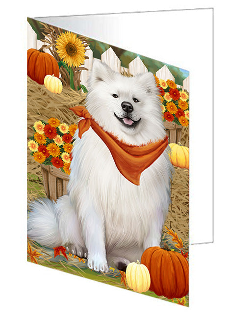 Fall Autumn Greeting American Eskimo Dog with Pumpkins Handmade Artwork Assorted Pets Greeting Cards and Note Cards with Envelopes for All Occasions and Holiday Seasons GCD56018