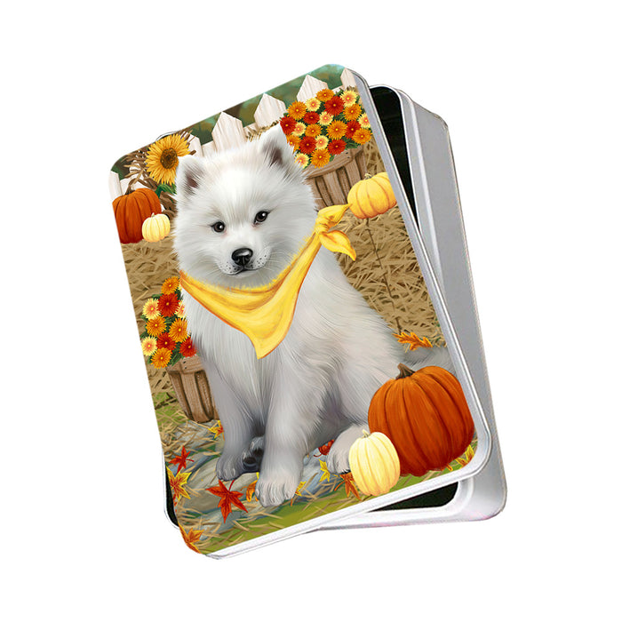 Fall Autumn Greeting American Eskimo Dog with Pumpkins Photo Storage Tin PITN50664