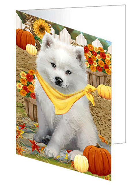 Fall Autumn Greeting American Eskimo Dog with Pumpkins Handmade Artwork Assorted Pets Greeting Cards and Note Cards with Envelopes for All Occasions and Holiday Seasons GCD56021