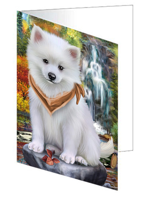 Scenic Waterfall American Eskimo Dog Handmade Artwork Assorted Pets Greeting Cards and Note Cards with Envelopes for All Occasions and Holiday Seasons GCD53042