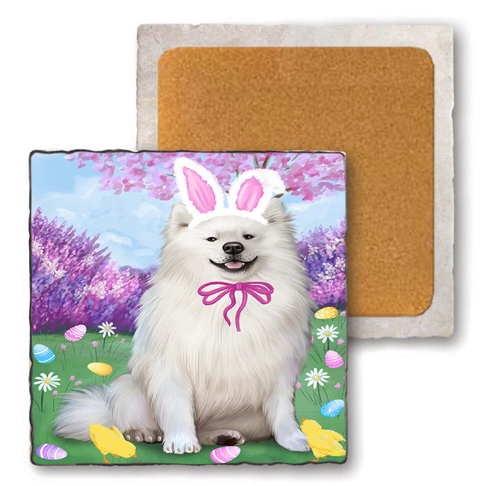 Easter Holiday American Eskimo Dog Set of 4 Natural Stone Marble Tile Coasters MCST49230