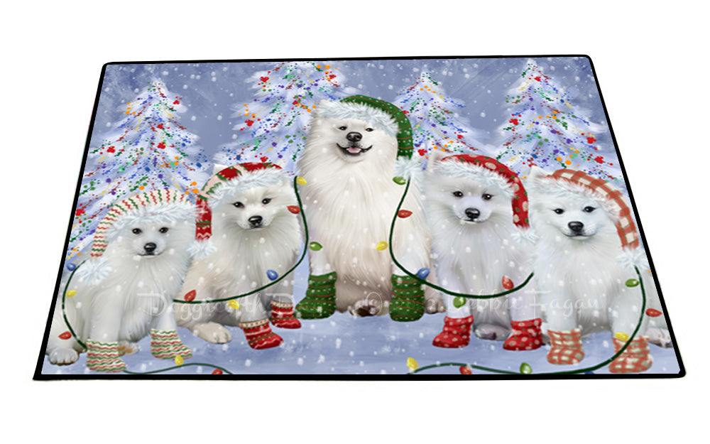 Christmas Lights and American Eskimo Dogs Floor Mat- Anti-Slip Pet Door Mat Indoor Outdoor Front Rug Mats for Home Outside Entrance Pets Portrait Unique Rug Washable Premium Quality Mat
